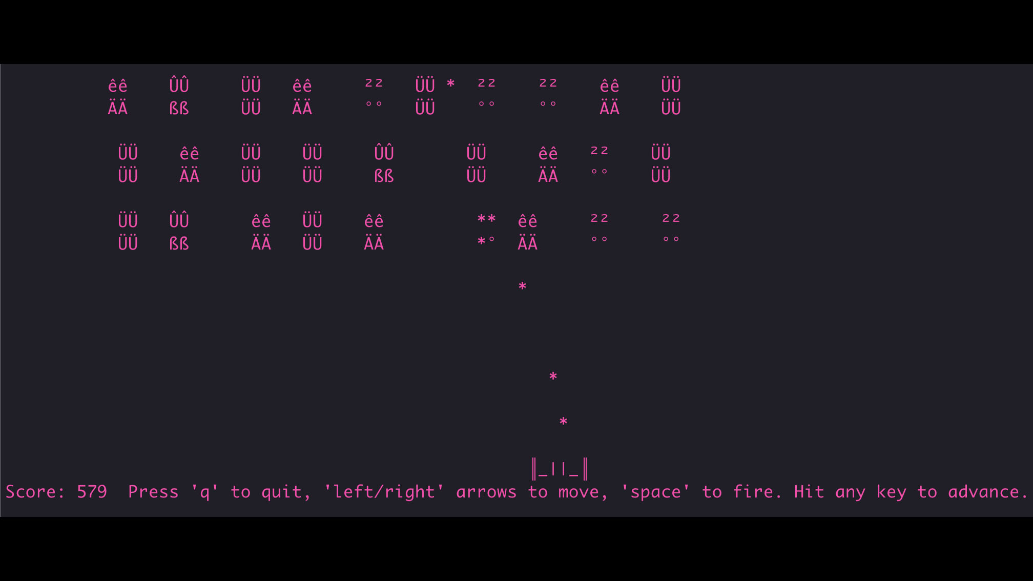 ASCIIliens Gameplay Screenshot Screenshot of ASCIIliens game in action, showing player ship, blasts, and aliens.